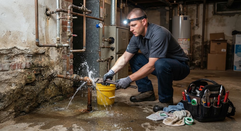 emergency leak repair Voorhees NJ technician managing active water leak